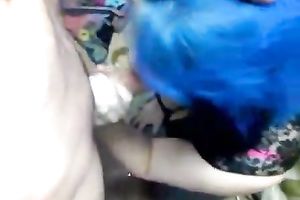 Slutty punk legal age teenager hottie with blue hair gives head on POV