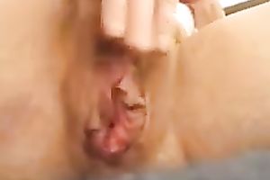 Mature neighbor fingering bushy wet crack in closeup clip