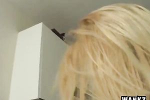 Pretty tattooed blondie rides large rod of her avid fellow on chair