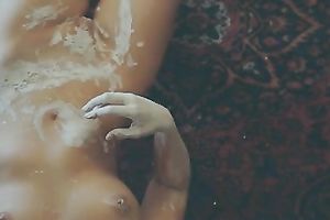 Curvy bitch goddess smears her nice-looking body with flour on web camera
