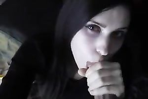 Appealing brunette hair gal engulfing wet large dong balls unfathomable in POV