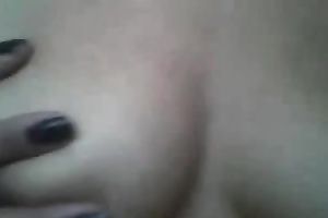 Bosomy slut strokes her milky tits and bald punani with manicured fingers
