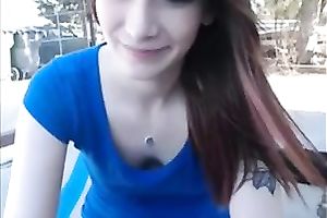 Lewd and frisky legal age teenager masturbating on camera outdoor
