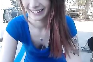 Lewd and frisky legal age teenager masturbating on camera outdoor