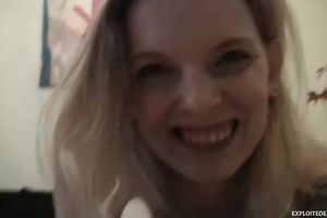 Blonde nasty legal age teenager slut with unsightly smile masturbates on the sofa
