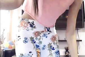 Lewd skinny brunette hair housewife showed off her hairless good constricted vagina on web camera