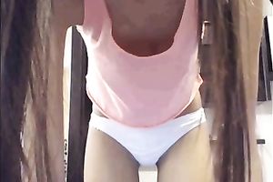 Lewd skinny brunette hair housewife showed off her hairless good constricted vagina on web camera