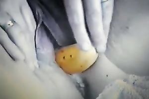 Chubby white wife masturbates with a banana and shows her monster cunt