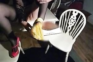 Hot mature dirty slut wife rubs yellow undies all over her curly cum-hole