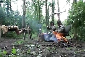 Two bad hunters raped a couple of sexy wives camping in the woods