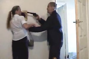 Crazy gangster with a gun raped a frightened housewife at home
