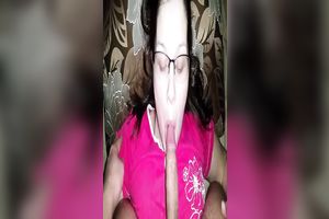 Dark haired nerdy likewise pale slut in pink T-shirt sucked friend's lollicock