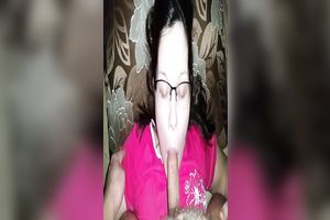 Dark haired nerdy likewise pale slut in pink T-shirt sucked friend's lollicock