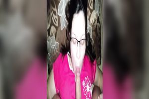 Dark haired nerdy likewise pale slut in pink T-shirt sucked friend's lollicock