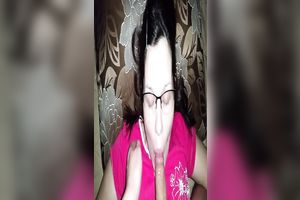 Dark haired nerdy likewise pale slut in pink T-shirt sucked friend's lollicock