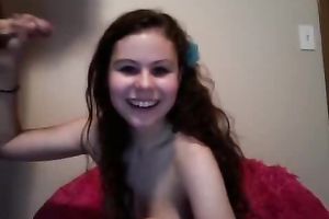 Flamboyant brunette hair web camera legal age teenager gives oral-service to her BF