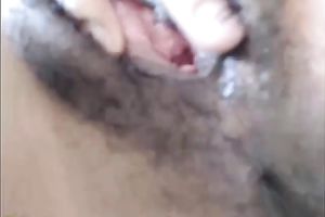 Damn sexy ebon housewife shoving creamy snatch with large sex toy