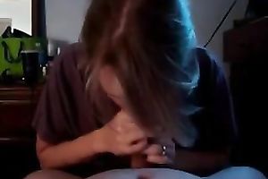 College cute girlfriend in my T-shirt blowing ramrod