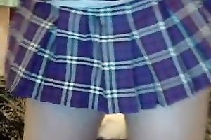 Pallid wicked gal in short skirt was fucking her own dark hole with a dildo