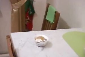 Shagging my sexual breasty hottie missionary style in the kitchen