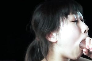 Cute Japanese pale dark brown BBC slut sucked meaty weenie with excitement