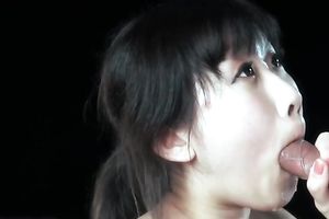 Cute Japanese pale dark brown BBC slut sucked meaty weenie with excitement