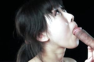 Cute Japanese pale dark brown BBC slut sucked meaty weenie with excitement