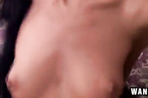 Flat breasted dark brown gal receives her one as well as the other holes team-fucked by her ally