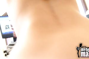 Fine dark brown hawt black cock sluts in fishnet dark tights strips and poses on web camera