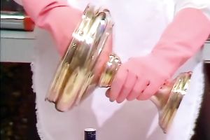 Brunette hot classic milf gives head in the kitchen