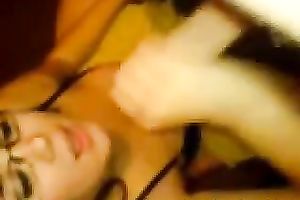 Cute brunette hair college bitch in glasses takes facial from me