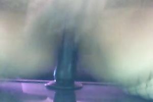 Amateur honey with large gazoo in fishnet outfit rides a sex-toy