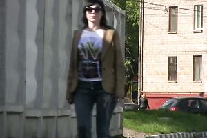Brunette white horny white wife in constricted jeans piddles in public place