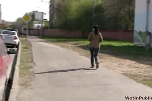 Brunette white horny white wife in constricted jeans piddles in public place