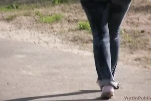 Brunette white horny white wife in constricted jeans piddles in public place