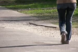 Brunette white horny white wife in constricted jeans piddles in public place