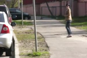 Brunette white horny white wife in constricted jeans piddles in public place
