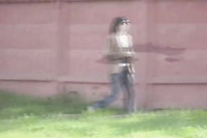 Brunette white horny white wife in constricted jeans piddles in public place