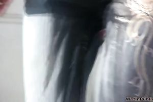 Brunette white horny white wife in constricted jeans piddles in public place