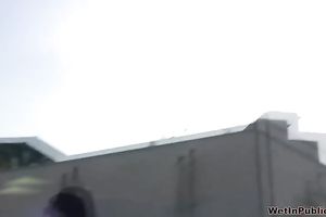 Brunette white horny white wife in constricted jeans piddles in public place