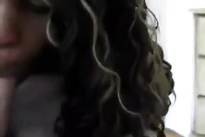 Curly haired nice-looking chocolate playgirl in cute pink top gives me BJ