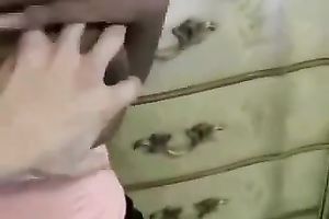 Curly haired nice-looking chocolate playgirl in cute pink top gives me BJ