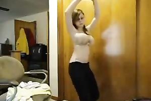 Sweet buxom brunette hair hotwife stripteased and played with boobies