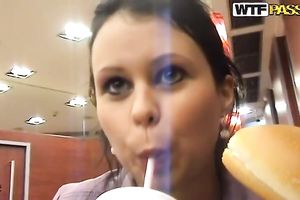 Brunette Russian cutie gives head in the public restroom