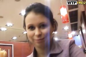 Brunette Russian cutie gives head in the public restroom