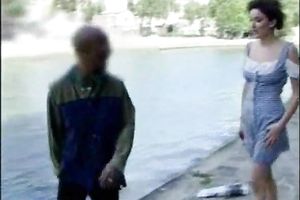 My perverted dark brown doxy flashes her love tunnel over the riverside