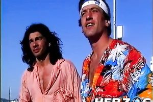 Dirty golden-haired bitch and a pair of hippie men in outdoor threesome