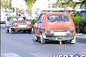 Dirty golden-haired bitch and a pair of hippie men in outdoor threesome