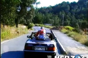 Dirty golden-haired bitch and a pair of hippie men in outdoor threesome