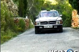 Dirty golden-haired bitch and a pair of hippie men in outdoor threesome